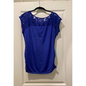 Worthington Cobalt Blue Stretch Blouse – Lace , Ruched Sides – Size Large